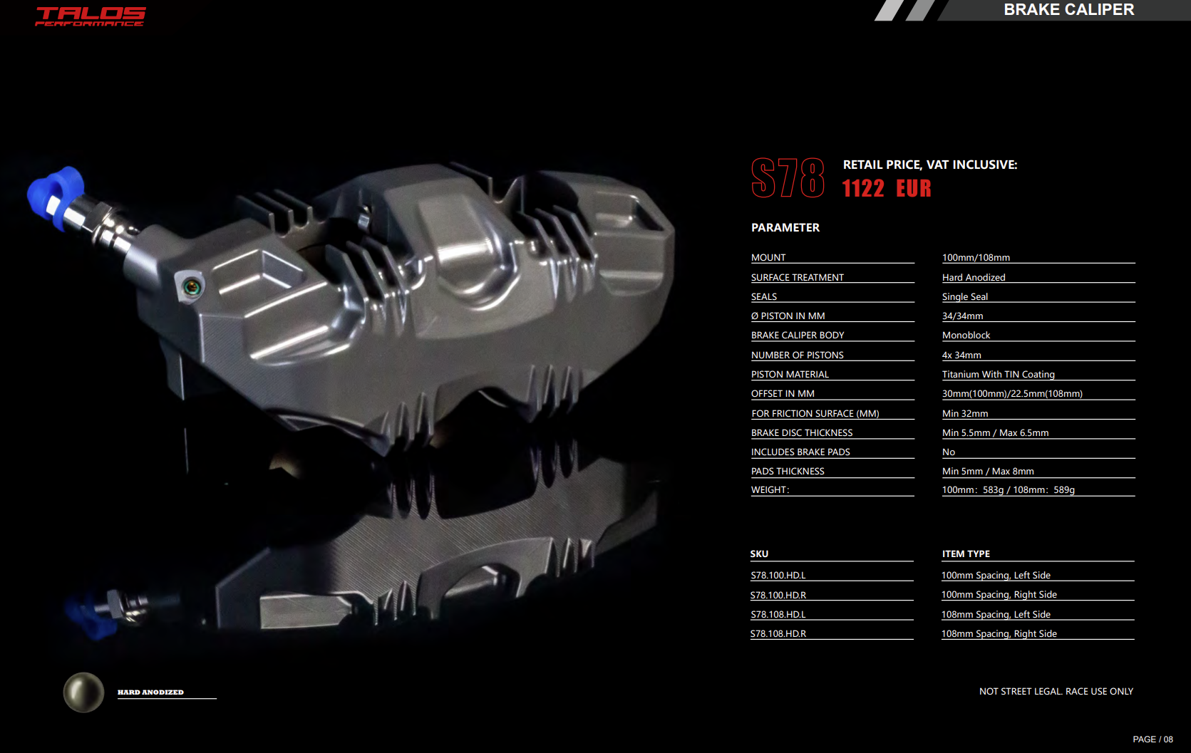 Talos S78 Monoblock P4 34/34 100mm kočiona četka sprijeda lijevo | X78.100.HD.L 