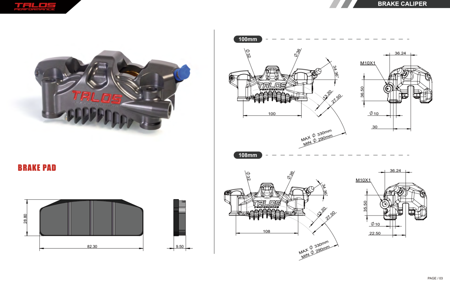 Talos X75 SBK Racing Monoblock P4 32/36 108mm kočioni čeljusti sprijeda desna | X75.108.HD.R 