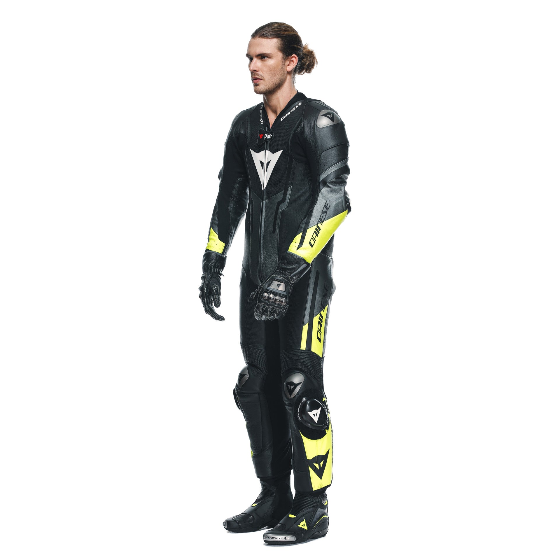 Dainese Misano 3 D-AIR® kombinezon Kožno odijelo – Perforirano zračno jastuče trkaći odijelo | Muški | Crna/Neon Žuta 
