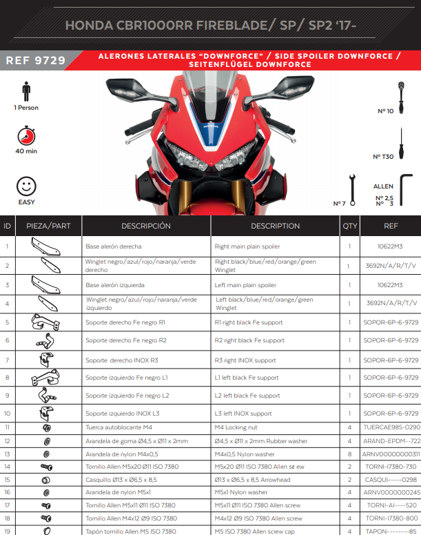 Puig Winglets Spoiler Downforce Honda CBR 1000 RR SC77 (17-19) 9729 