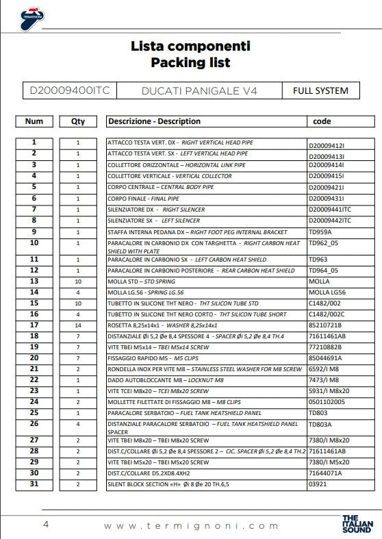 Termignoni kompletna ispušna sustava od nehrđajućeg čelika D200 RHT Ducati Panigale V4/S (18-24) D20009400ITC 
