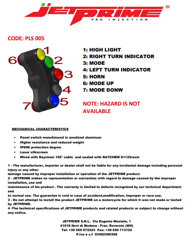 Upravljački prekidač lijevi JetPrime za Ducati Panigale 1299/S (15-18) JP PLS 005 